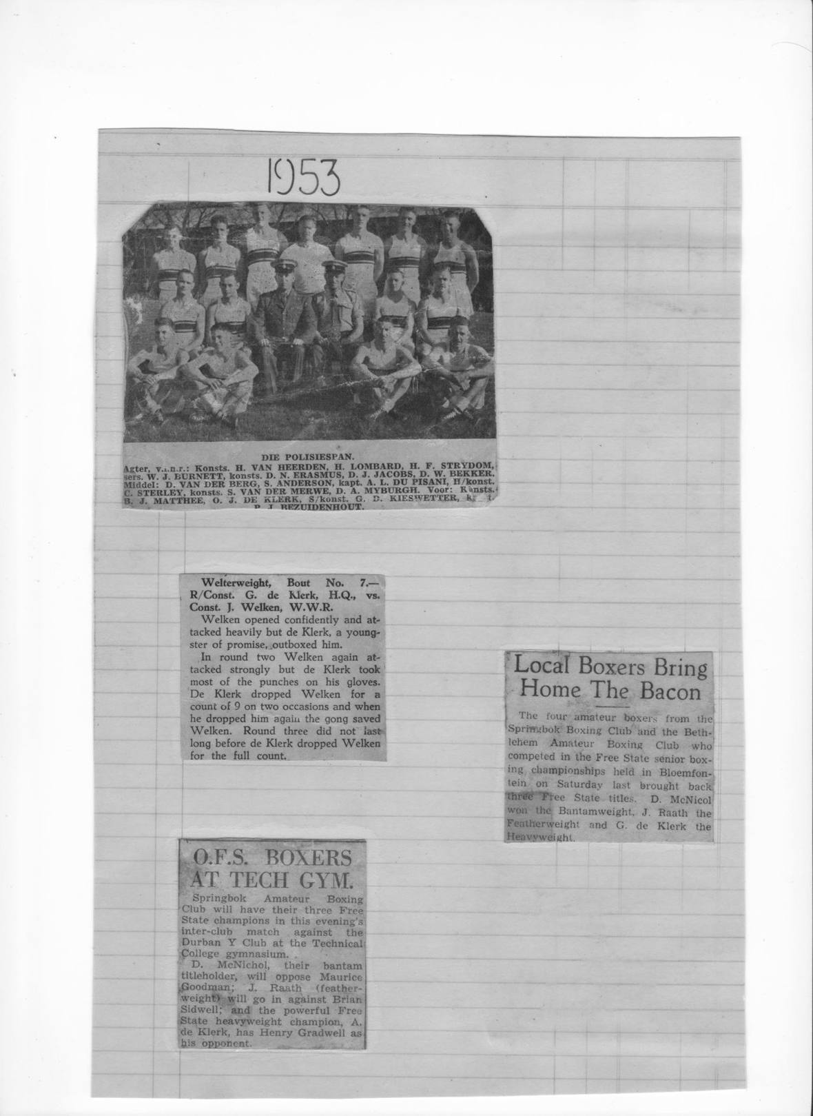 Police boxing team, 1953. Constable G. de Klerk among the Free State&rsquo;s amateur champions.