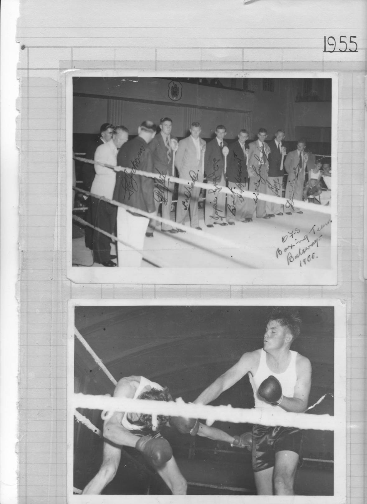 Amateur days, landing a right hand; and the O.F.S. boxing team, Bulawayo, 1955.