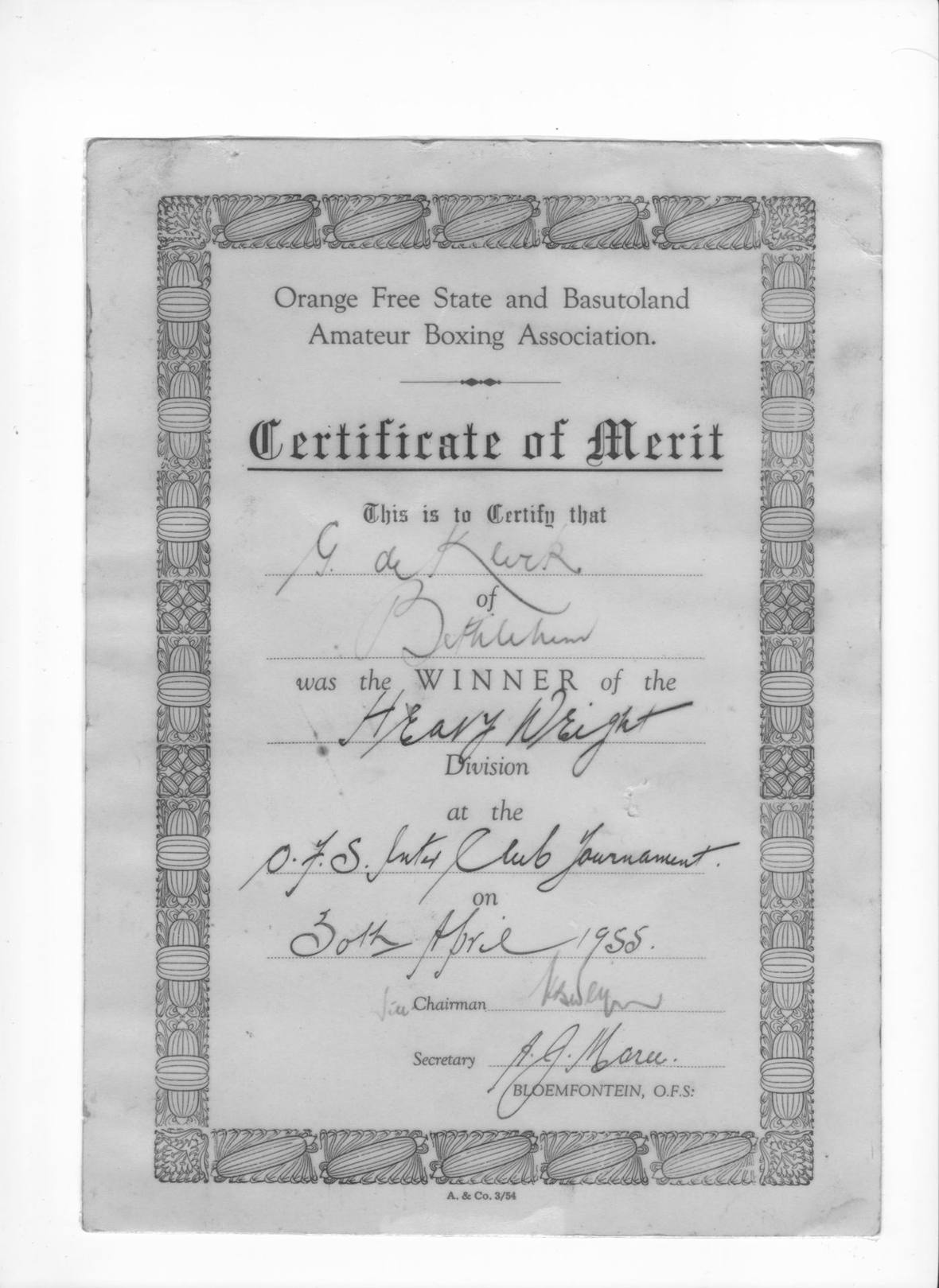 Certificate of Merit, Winner, Heavyweight Division, O.F.S. Inter-Club Tournament, 30 April 1955.