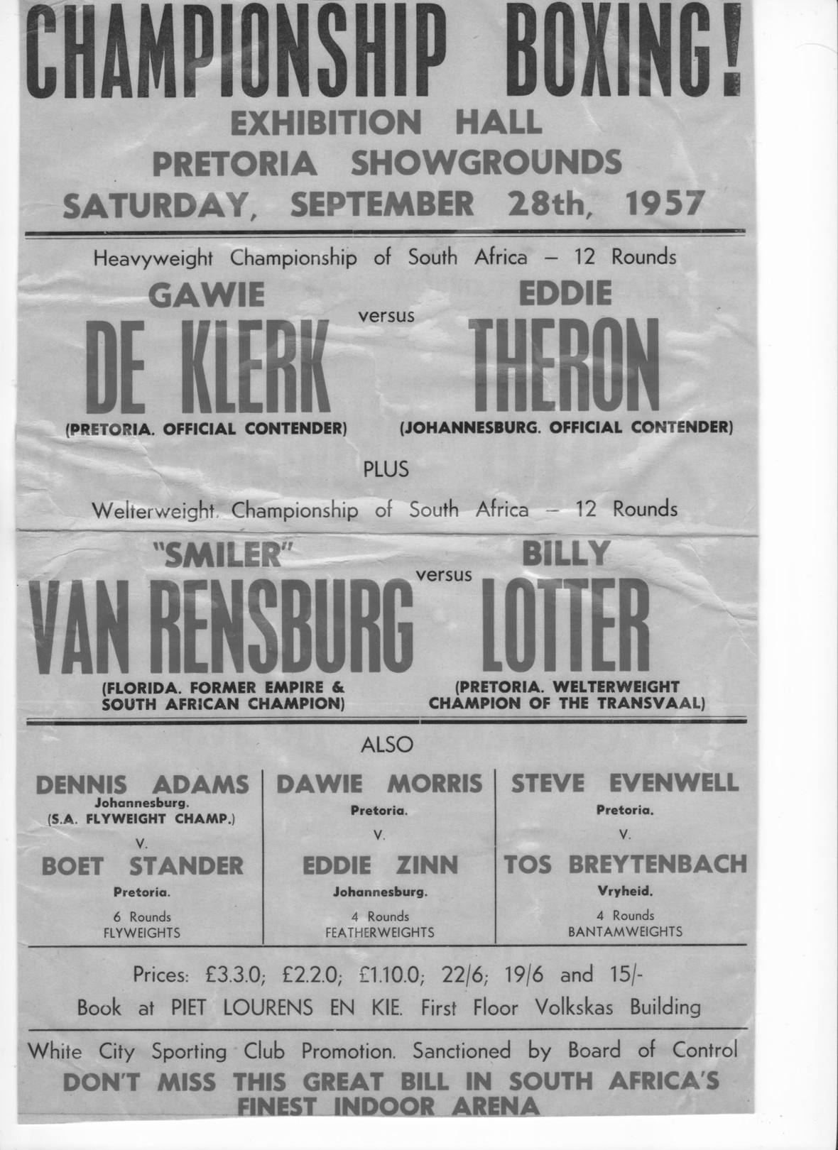 Championship Boxing!, the official bill: De Klerk vs Theron for the Heavyweight Championship of South Africa, Pretoria.