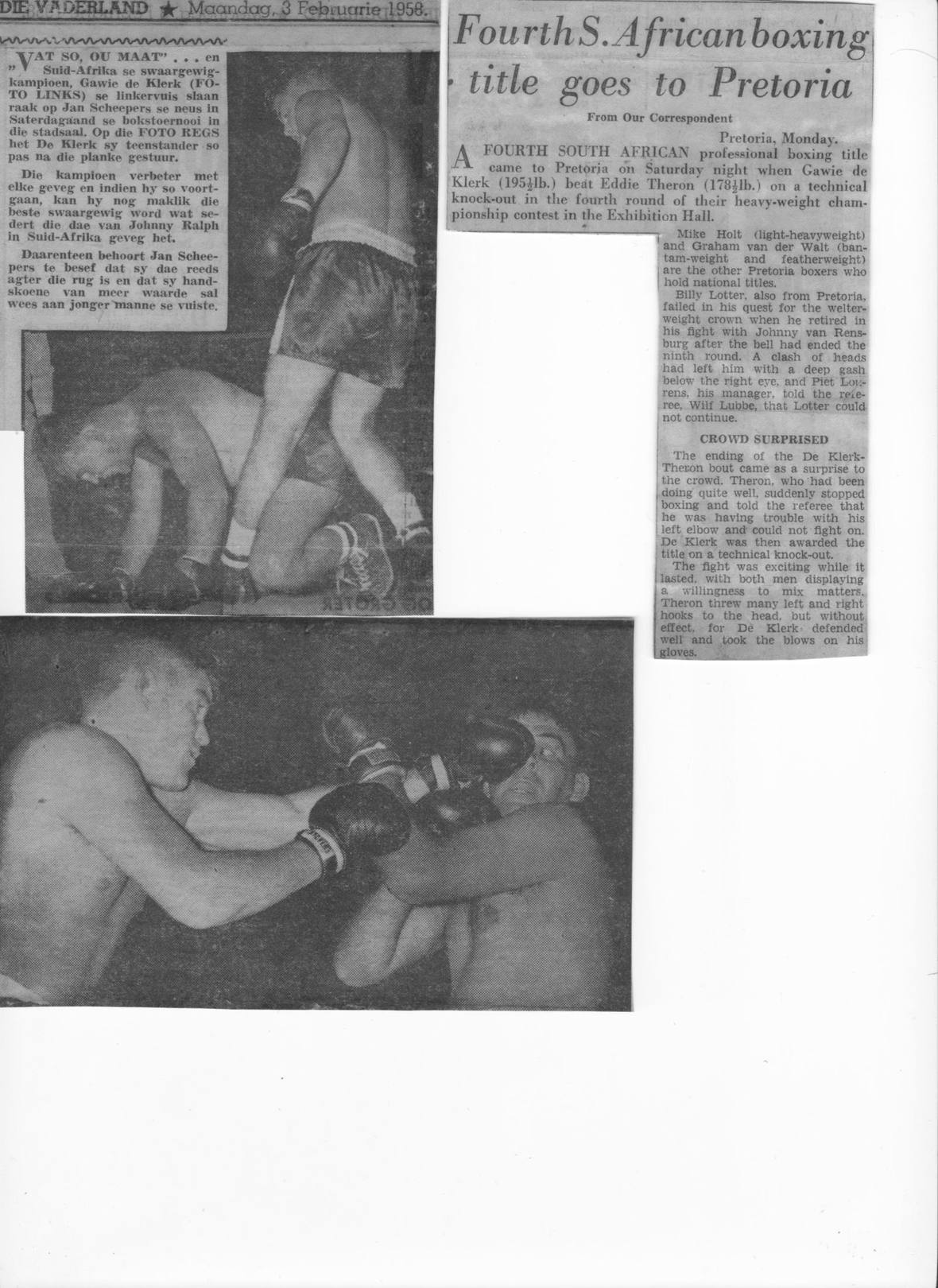 &ldquo;Fourth South African boxing title goes to Pretoria&rdquo;, the champion at work, February 1958.