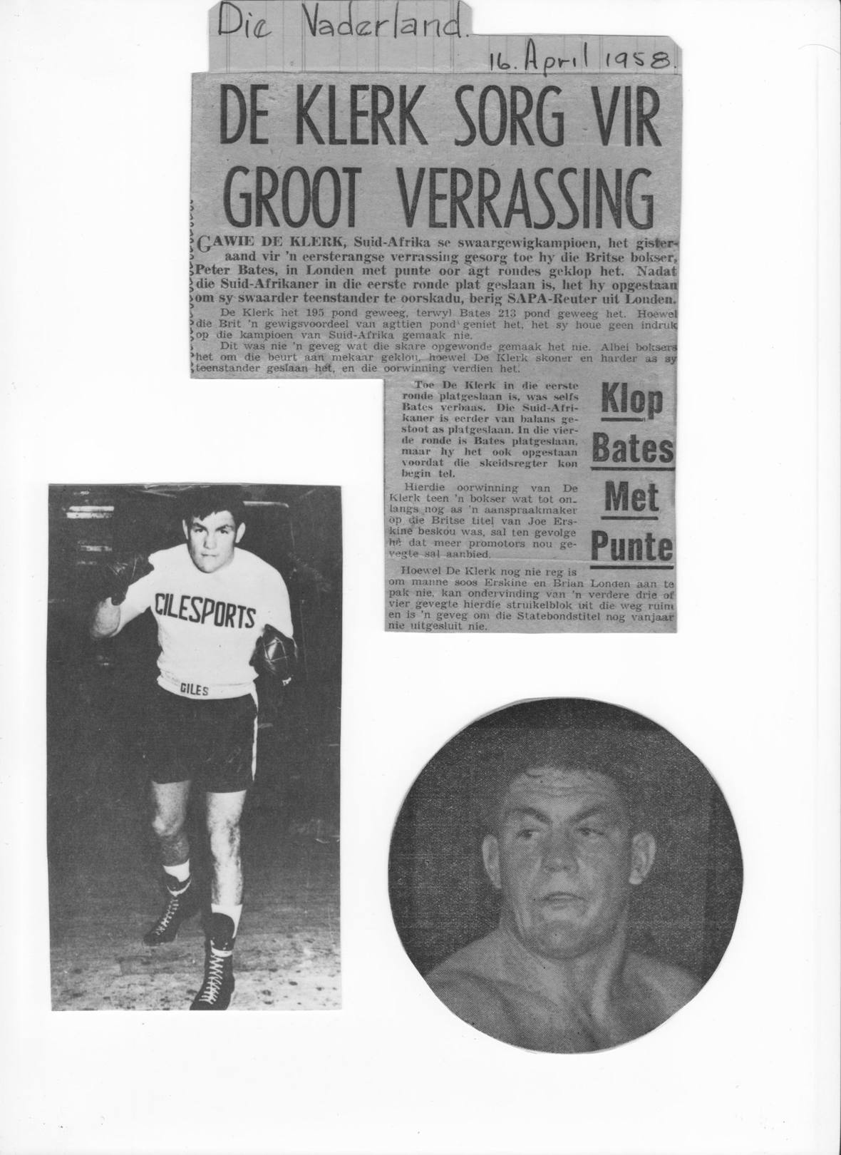 &ldquo;De Klerk sorg vir groot verrassing&rdquo;, floored in the first, he rose to outpoint Britain&rsquo;s Peter Bates in London.