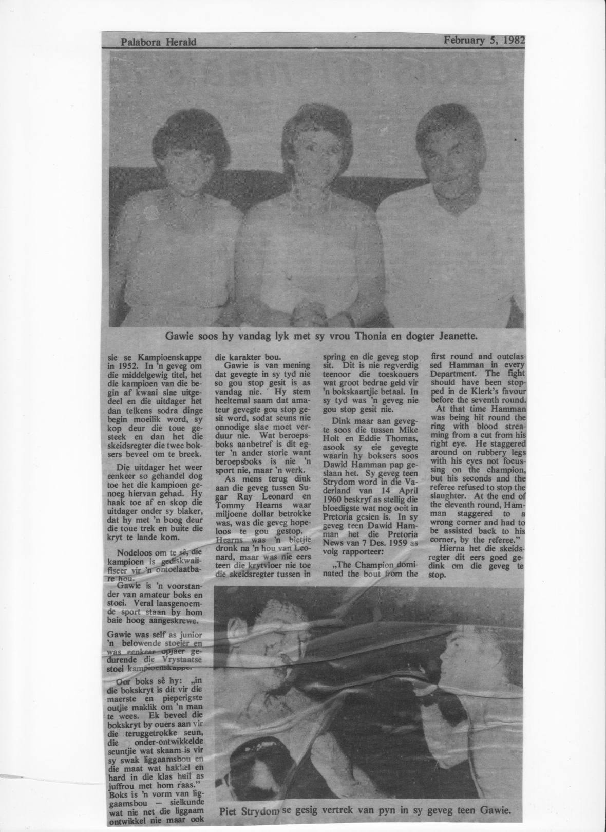 Palabora Herald, 5 February 1982, Gawie with his wife, Thonia, and daughter, Jeanette.